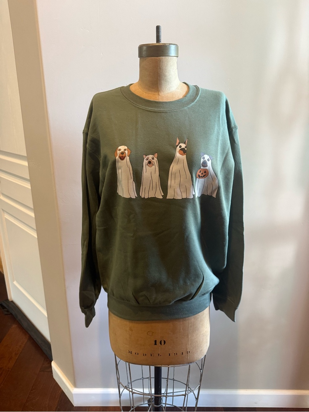 Halloween Olive Green Crewneck Sweatshirt with Dog Graphic